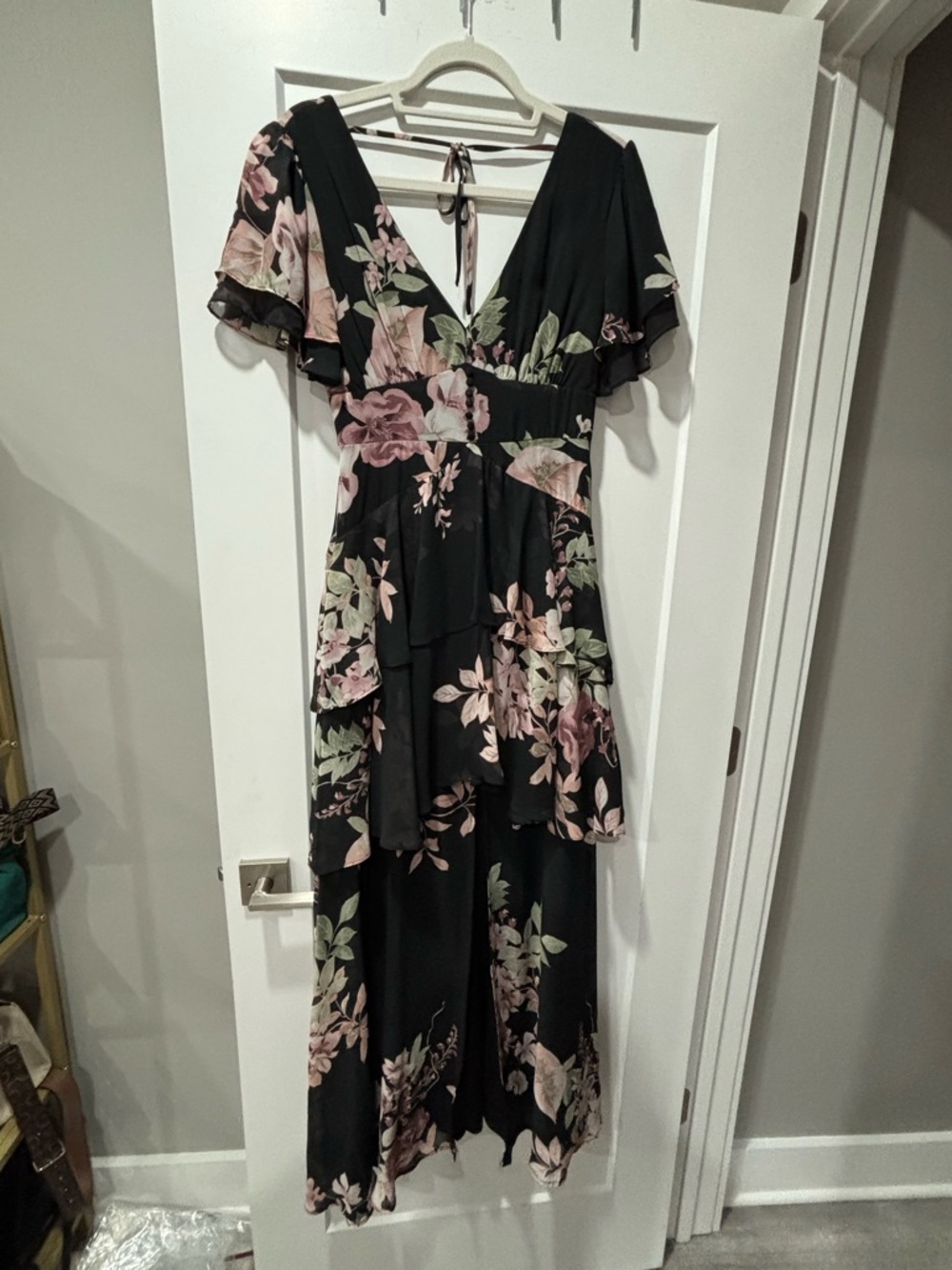 Lulu's Black Maxi Dress with Pink & Green Floral Print